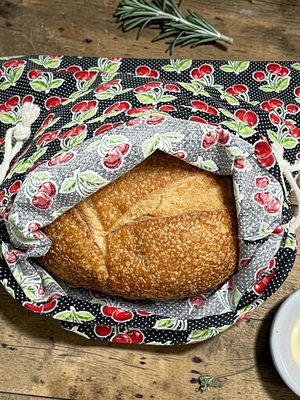 Cherry Print Black Cotton Bread Bag, Reusable Bread Storage Bag, Zero Waste Sour
